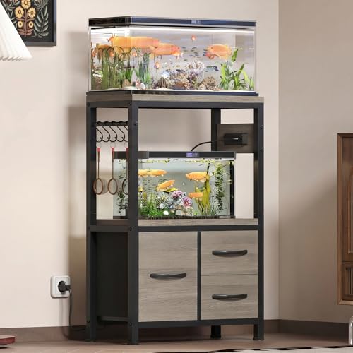 Heybly 5-10 Gallon Fish Tank Stand, Aquarium Stand with Drawer, Power Outlet, Heavy Duty Metal Frame, for Fish Tank, Turtle & Reptile Terrarium, 20.5" × 10.2" Top, 200lbs, Rustic Gray HAS002SSG - color: Greige, size: 5-10 gal