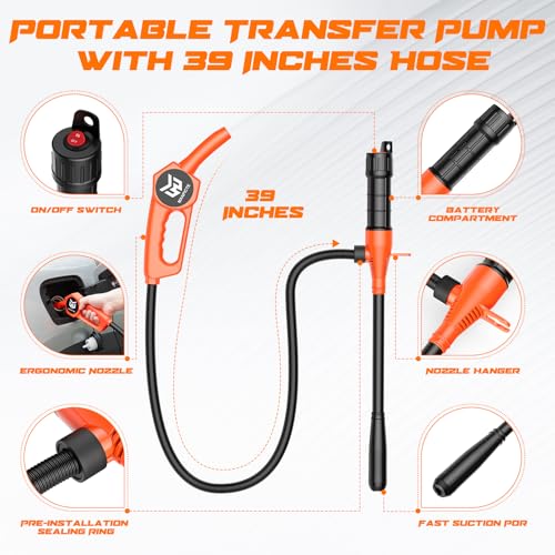 Portable Fuel Transfer Pump, Battery Powered Siphon Pump for Gasoline, Fuel, Gas, Diesel, Water Transfer, 3.0 GPM Flow Oil Extractor with Powerful Suction Ergonomic Nozzle 39 Inches Hose