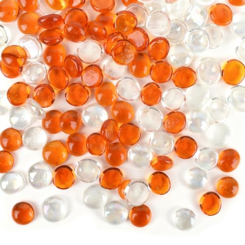 Flat Glass Marbles 1LB, Glass Beads Stone for Floral Arrangements Vases Flat Bottom Gems Aquarium Pebbles Vase Filler Decor(Orange,Transparent)