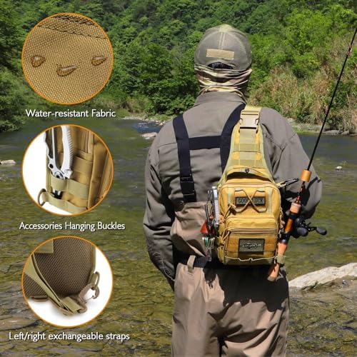 Dovesun Small Fishing Backpack, Waterproof Fly Fishing Sling Pack Tackle Bag with Tackle Boxes - color: B-Khaki(Size:17.7*8.5*5.7in)