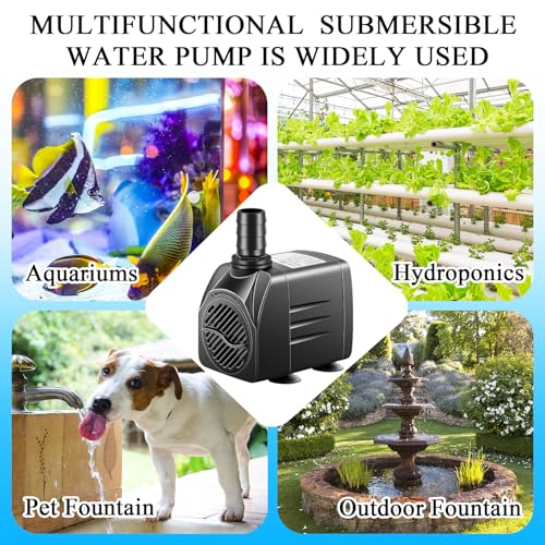 Submersible Pump, Small Fountain Pump with Tubing, Submersible Water Pump for Aquarium Fish Tank Indoor or Outdoor Pond Fountain Hydroponics Statuary (25W 400GPH, No Led Light)
