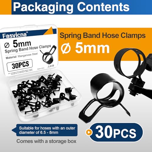 5mm (0.2") Spring Band Hose Clamps, 30 Pack Mini Hose Clamps for 4.5-5.5mm OD Fuel Line, Aquarium Tubing, Small Air Tubes & Silicone Hose - size: 5mm