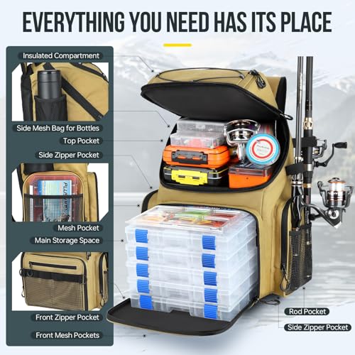 PLUSINNO Cooler Fishing Backpack with Rod Holders 45L Large Water-resistant Fishing Tackle bag Store Fishing Gear Fishing Gifts for Men Father - color: Khaki
