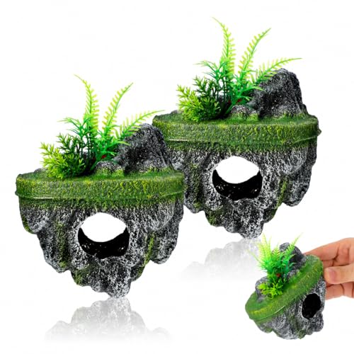 Garneck 2Pcs Floating Island for Aquarium Decor: Resin Suspended Stone with Hideout Tunnel & Artificial Plants for Betta Guppy Shrimp Hermit Crabs Fish Tank Landscape Ornament