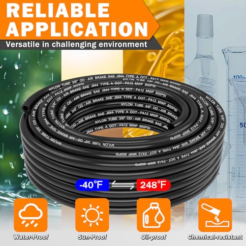 CheeMuii 50 FT 3/8 Pneumatic Tubing 3/8" PA12 Nylon DOT Air Line SAE J844 DOT Air Hose 15.3 Meter 3/8 Inch OD Pneumatic Air Tubing Pipe Hose Line - color: Black, size: 3/8"OD-50FT