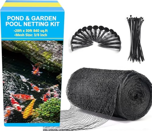 BUZIFU Pond Netting, 28 x 30FT Pond Net for Koi Ponds, Garden Pool Fine Mesh Pond Netting Cover for Leaves, Protects Koi Fish from Birds Cats Predators, with 14 Stakes and 30 Cable Zip Ties - size: 28x30FT