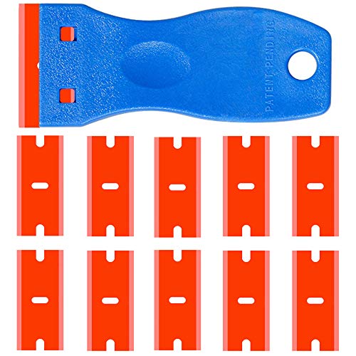 Double Edged Plastic Razor Blade Scrapers Knife with Contoured Grip for Scraping Labels and Decals Sticker From Glass, Windshields and Auto Window Tint Vinyl Tool Application(Scraper with 10 Blades) - color: Scraper+10 Blades