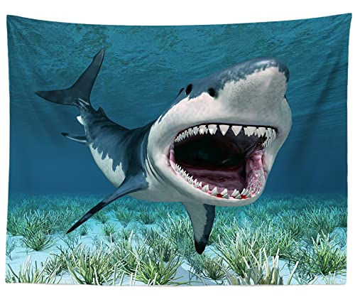 8x6ft White Shark Backdrop Underwater Backdrop 3D Shark Photography Backdrop Under The Sea Ocean Cartoon Backdrop for Boys Kids Happy Birthday Party Decor Photo Shoot Studio Props Fabric - size: 8x6FT