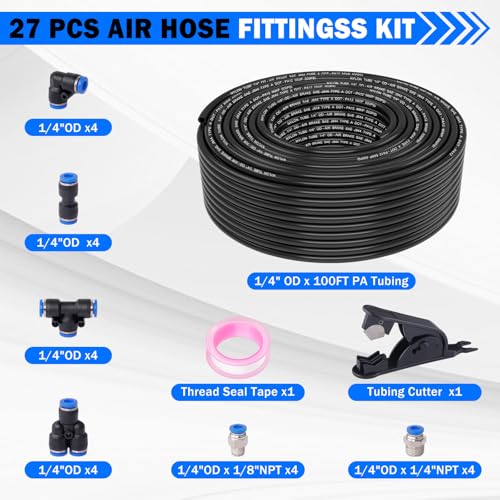 1/4" Air Line Tubing Kit,100 FT(30m)1/4 Inch DOT Air Line SAE j844 PA Nylon Air Hose Quick Connect Fittings with Cutter and Teflon Tape,1/4" Air Hose Kit for Pneumatic System Or Fluid Transfer(27 PCS)
