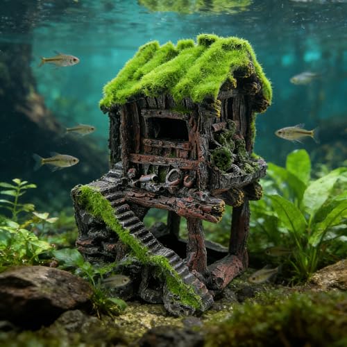 M2cbridge Aquarium Decorations Fish Hideout House Betta Cave with Green Lifelike Moss (Style 4) - style: Style 4
