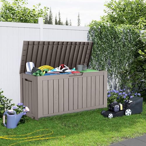 PatioZen 75 Gallon Resin Deck Box, Lockable Patio Outdoor Storage Box for Furniture, Garden Tools and Tools Storage, Waterproof Outside Storage Boxes - Grey - color: Grey, size: 75 Gallon
