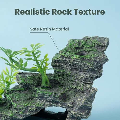 Aquarium Ornament Resin Mountain Fish Tank Decorations with Artificial Plants – Fish Tank Decor Rock Hideout for Betta, Snails, Turtle, Shrimp, Ideal for Aquascaping & Landscaping