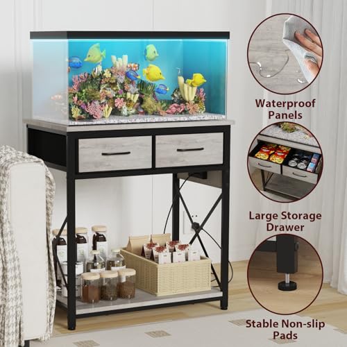 20-29-37 Gallon Fish Tank Stand with Power Outlet, Heavy Duty Metal Aquarium Stand with Two Storage Drawers for Fish Tank Accessories Storage, Perfect for Turtle Tank, Reptile Terrarium, Grey - color: Grey, size: 20-29-37 Gallon