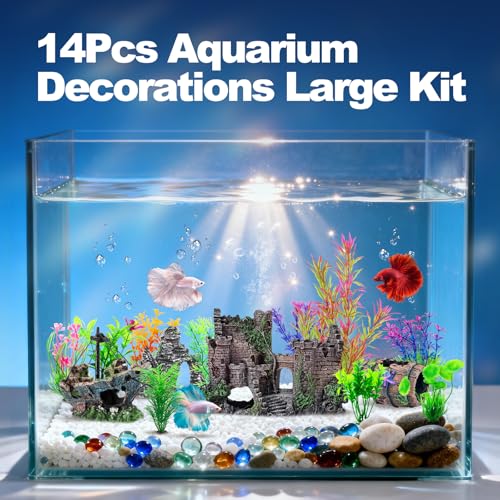 14 Pcs Aquarium Decorations Large Kit，Castle Fish Tank Bubbler Decorations，Starfish Barrel, Resin Cave Rock,Resin Material Sunken Ship,Aquarium Plants Large Fish Bowl Ornaments