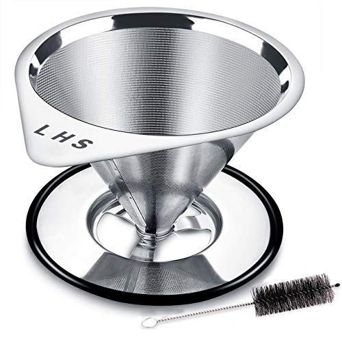 LHS Pour Over Coffee Dripper Stainless Steel Coffee Filter Metal Cone Filter Paperless Reusable Coffee Filter Single Cup Coffee Maker 1-4 Cup With Non-slip Cup Stand and Cleaning Brush - color: single mesh 1-4 cups Silver