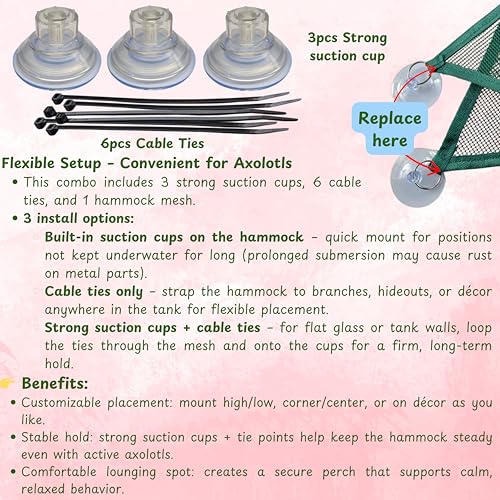 Axolotl Hammock with Feeder Dish – Mesh Resting Spot for Aquariums, Suction-Cup Mount, Easy-Clean Tank Accessories & Decor for Axolotl Habitats (Green, S) - color: Green