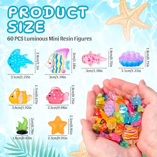 60 Pcs Luminous Mini Resin Ocean Animal Figures Glow in the Dark Small Little Tiny Fish Seashell Coral Miniature Figurines for Crafts Fairy Garden Accessories Micro Landscape Aquarium Decor