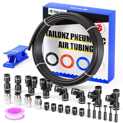 TAILONZ PNEUMATIC Black 1/2 Inch OD 10 Meter 32.8ft PU Polyurethane Air Tubing Kit Pipe Hose Air Line Tubing Air Hose Fittings Push to Connect Fittings(27PCS) - color: Black, size: 1/2" OD - 32.8 FT