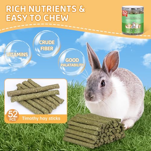 VESPRO 52Pcs Rabbit Chew Sticks, Guinea Pig Toys, Natural Timothy Grass Molar Teeth Stick, Guinea Pig Timothy Hay, Chew Toys for Bunny, Rabbits, Hamsters, Small Animals Treats - size: 1 Count (Pack of 52)