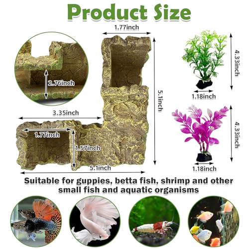 Aquarium Hideaway Cave Underground Tunnel Hideout Wood-Like Fish Tank Cave for Corners View Fish in Aquarium Decoration with 2PCS Plastic Aquatic Plants for Betta Shrimp Guppy Hide