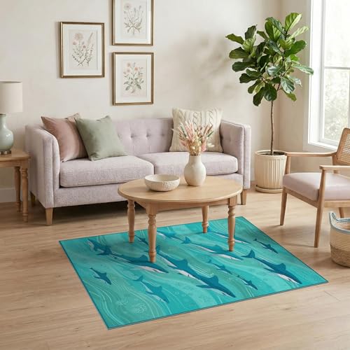 4'x6' Washable Graphic Shark Area Rug, Seafoam Green Flatwoven Floor Mat for Home Office, Gaming Room, Under Desk, Non-Slip Chair-Friendly Carpet | Ref:2068648 - color: Blue/Pattern 12, size: 4' x 6' (Rectangular)