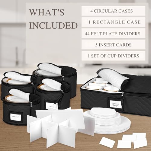 China Storage Containers 5-Piece Set Moving Boxes for Dinnerware, Glasses, Plates, Mugs and Saucers Sturdy Quilted Microfiber Dish Organizer with Dividers for Seasonal Storage - Holds Set of 12, Black - color: Black