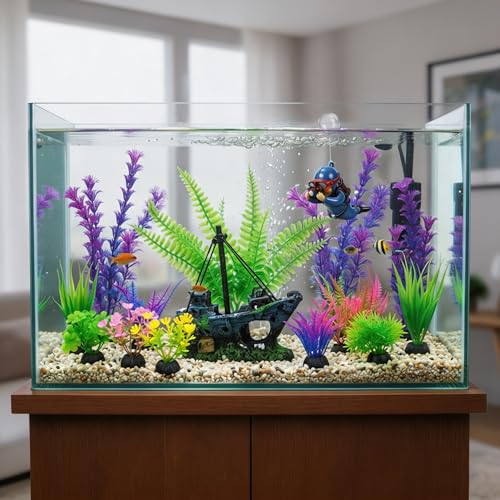 Fish Tank Decor Set with Shipwreck Decoration, Little Diver Floating & 13 Aquatic Artificial Plants - Betta Plants & Hiding Spots for Aquariums and Small Fish Tank Accessories