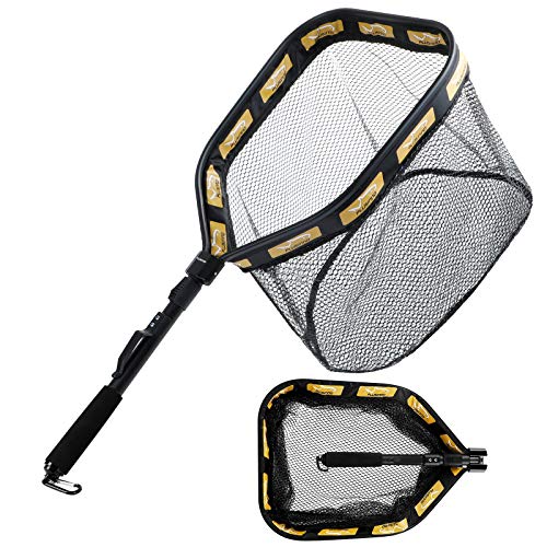 PLUSINNO Floating Fishing Net for Steelhead, Salmon, Fly, Kayak, Catfish, Bass, Trout Fishing, Rubber Coated Foldable Landing Net with Fixed or Telescoping Pole Handle, Fishing Gear and Gifts for Men - color: 11.8"/30cm Hoop Size Orange (with Magnetic Rel