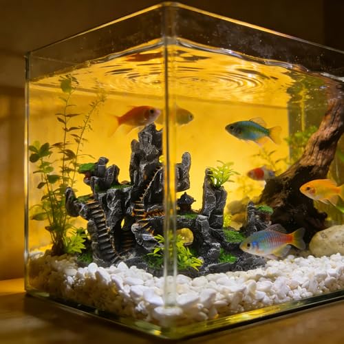 Aquarium Ornaments View Mountain,Fish Tank Decorations Resin Rock Landscape Artificial Stone Aquarium Decor with Plant Cave for Small Fish Shrimp