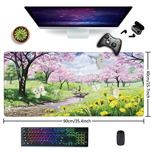 Spring Garden Extended Gaming Mouse Pad Large Desk Mat with Non-Slip Rubber Base and Stitched Edges,Keyboard Mouse Mat Desk Pad for Work,Game,Office,Home 35.4 * 15.7 Inch - color: Spring Garden