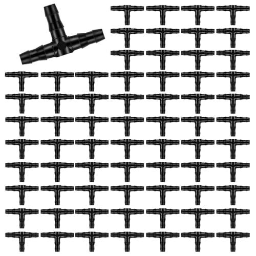 Kalolary 200PCS 1/4" Universal Barbed Tee Fittings, 1/4 Inch Barbed Tee Connectors Drip Irrigation Fittings for 4mm/7mm Water Tube Parts Drip Irrigation Hose Connector Watering System Part - size: 200 Count - 3.50 × 2.00 × 0.4 cm
