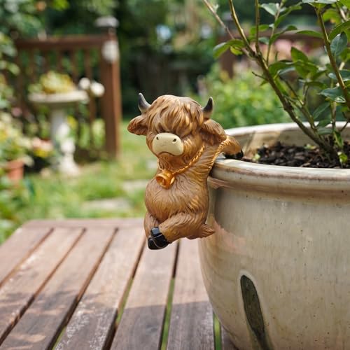 2PCS Highland Cow Statue Highland Cow Figurine Plant Pot Hanger Hugger, Resin Highland Cow Ornament Garden Decor for Yard Lawn, for Plant Parents (2 Unique Styles) - style: Cow2