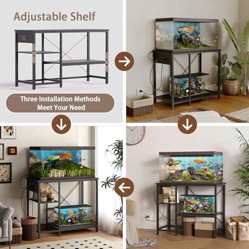 BEURUKU 40-50 Gallon Fish Tank Stand with Power Outlet & LED Light, Metal Aquarium Stand with 3 Tier Adjustable Storage Shelves, Tank Stand for Reptile Tank, Turtle Tank, 36" L*18.5" W, Black - color: Black, size: 40-50 Gallon