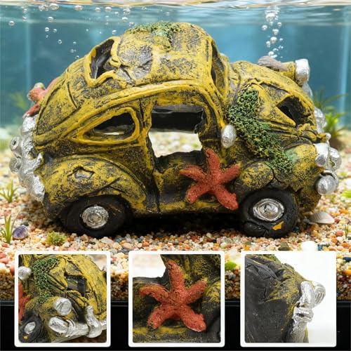 Resin Car Wreck Aquarium Decor, Fish Tank Hideout House, Small & Medium Fish Ornament for Garden & Aquariums