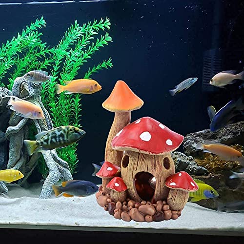 Aquarium Decorations Mushroom House Fish Tank Cave Ornament for Small Hideaway Decor Landscape Ornament for Castle Hiding Reptile Amphibian Toys Rock and Fairy Garden Decoration (Red)