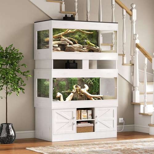 Dual 120 Gallon Reptile Tank with Stand,4x2x2 Reptile Enclosure,Bearded Dragon Tank,Reptile Terrarium with Cabinet,Sliding Doors for Snakes,Lizards,Built-in Power Outlet White CAGE002E - color: Vintage White, size: 120 Gallon+120 Gallon