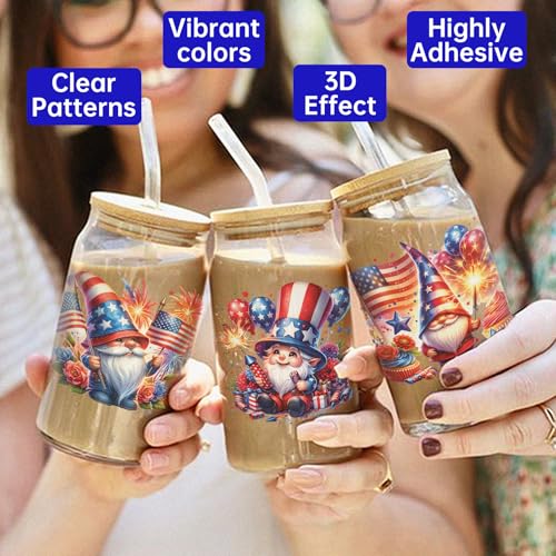 4 PCS 4th of July Gnome UV DTF Cup Wrap for 16oz, Rub on Transfer Stickers Glass Mugs, High Viscosity Permanent UV DTF Sticker, Coffee Cups, Water Bottles and Personalized Crafts - style: 4th of July Gnome