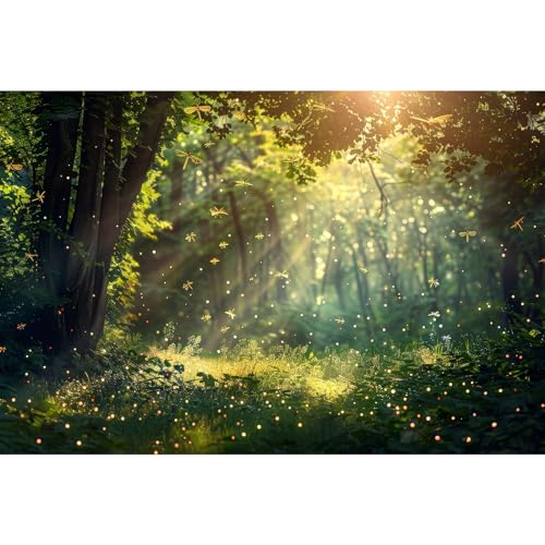 Fantasy Rainforest Reptile Tank Background Lightning Bugs Fireflies Forests Field Aquarium Background Misty Rainforest Sunray Fish Tank Backgrounds Jungle Trees Reptile Enclosure Backgrounds 24x12in - color: Sunny Green, size: 24(W)x12(H)inches/ 60(W)*30c