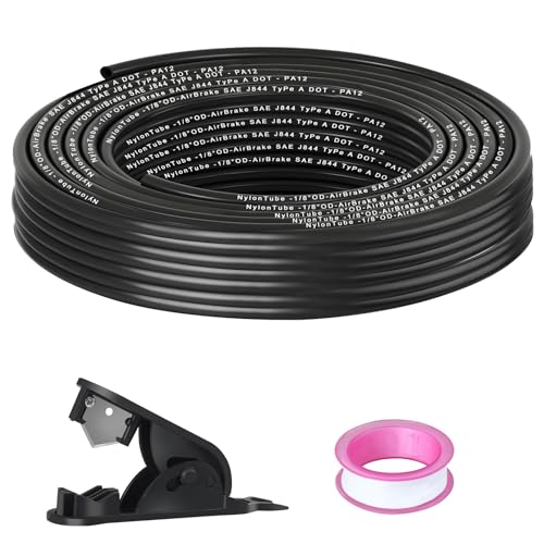 50FT 1/8" OD DOT Air Line Black SAE J 844 PA12 Nylon Air Brake Tubing with Cutter and Teflon Tape, Pneumatic Nylon Air Line Hose for Semi Truck Trailer Air Brake System & Fluid Transfer - size: 50FT-1/8"OD