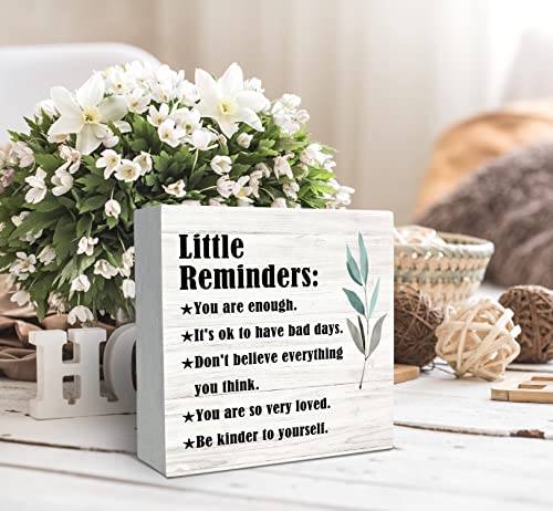 SRADMO Inspirational Little Reminders Wood Box Sign Desk Decor, Inspirational Desk Decor, College Motivational Positive Affirmation Gifts Box Sign For Office Home Dorm Tabletop Shelf Decoration - color: white, size: 5″×5″