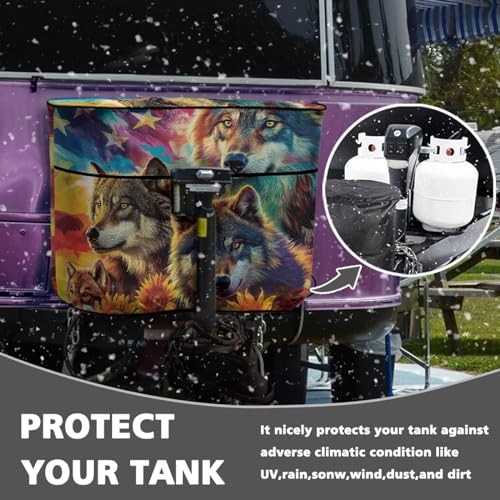 American Flag Wolf Double 20lb RV Propane Tank Cover Reliable Weather Resistant Gas Cylinder Cover Travel Trailer Polyester Waterproof Cover - color: American Flag Wolf-1, size: S(20LB)