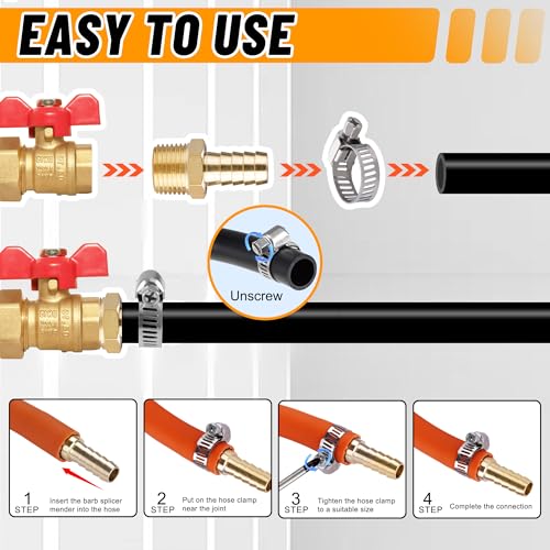 48PCS Brass Hose Barb Fittings,Barb Splicer Mender 3/16" 1/4" 5/16" 3/8" 1/2" 5/8" and Male Thread Adapter 3/8" Barbed to 1/4" NPT, 1/4" Barbed to 1/4" NPT Male with 96Pcs Pipe Hose Clamps - size: 48pcs barb splicer & barb adapter