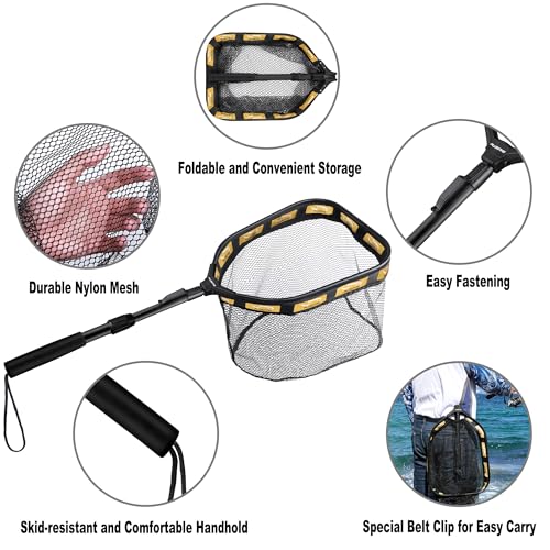 PLUSINNO Floating Fishing Net for Steelhead, Salmon, Fly, Kayak, Catfish, Bass, Trout Fishing, Rubber Coated Foldable Landing Net with Fixed or Telescoping Pole Handle, Fishing Gear and Gifts for Men - color: 11.8"/30cm Hoop Size 1.0M Orange (Telescopic P