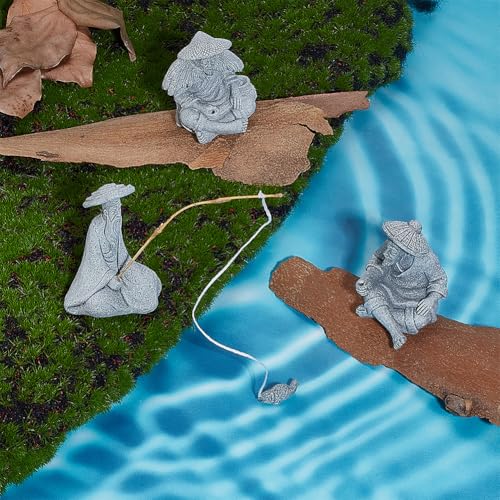 WEBEEDY 3 Styles Mini Fisherman Figurine Old Man Statues Zen Decoration,Chinese Sitting Fishing Sandstone Vintage Ornament for Aquarium Fish Tank Fairy Zen Garden Micro Landscape Flower Pot Decor