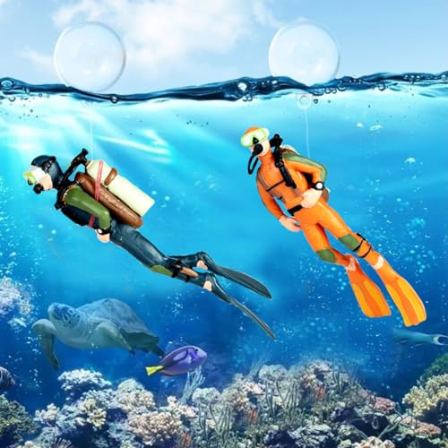 2pcs Floating Fish Tank Decorations, Cute Little Diver Aquarium Decoration Cartoon Fish Playmate with Floating Device Fish Tank Accessories - color: Deep Blue Diver Frogman (Swimming Posture)+orange Diver Frogman (Swimming Posture) Both With Fishing Line