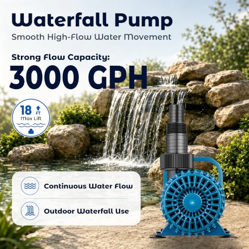 TONGCHANT Pond Pump for Fish Pond Fountain & Waterfall, 3000 GPH 18FT Lift | 150W submersible water pump, ultra quiet motor, 180° rotatable outlet, filter bag, 20FT cord, UL listed - size: 3000GPH-150W