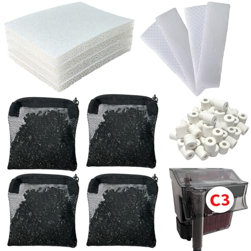 2 Aquarium Filter Media Kits Compatible with Fluval C3 (50 Gal) Aquarium Power Filter, Includes 4 Sponge Pads, 4 Tarpaulins, 4 Activated Carbons, 1 Pack Ceramic Ring - size: C3 Series