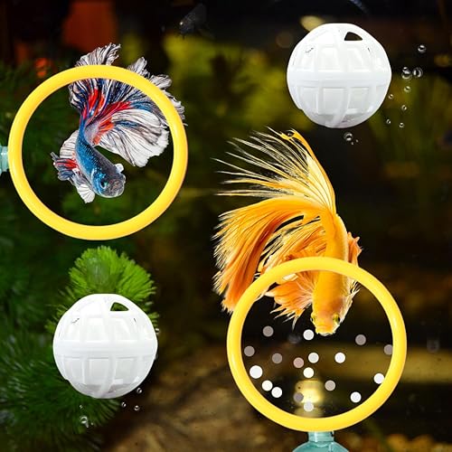 Betta Fish Enrichment Toys Ring and Filter Balls set, Fishes Ring Enrichment Toy and Tank Cleaner Ball, Aquarium Feeding Rings with Nitrifying Balls, Betta Fish Tank Accessories (Yellow, 6.4cm) - color: Yellow