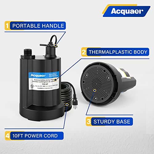Acquaer Submersible Water Pump 1/6 HP Sump Pump Thermoplastic Utility Pump Small Electric Water Pump 1750GPH Water Remove for Basement Hot Tubs Garden Pool Cover Draining with 10 ft Cord - color: Gery