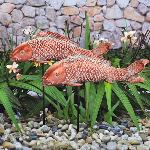 Garden Statues Koi Fish Decor Outdoor Garden Fish Statues, Set of 2 Antique Copper Koi Art Sculptures for Patio, Backyard, Pond and Home Decor, Best Gardening Gifts for Women Mom - size: Large-14 inches Long